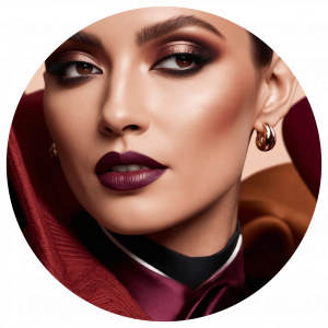 Woman with bold glamorous makeup featuring deep purple lipstick