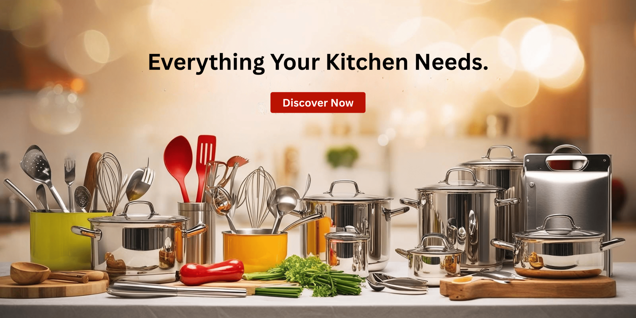 A modern kitchen counter organized with cookware, utensils, and appliances for every home cooking need