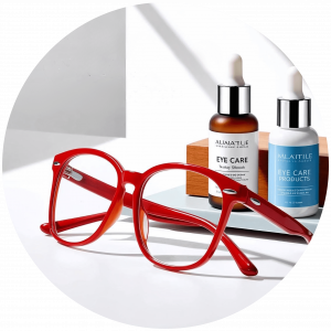 Red-framed eyeglasses with two eye dropper products