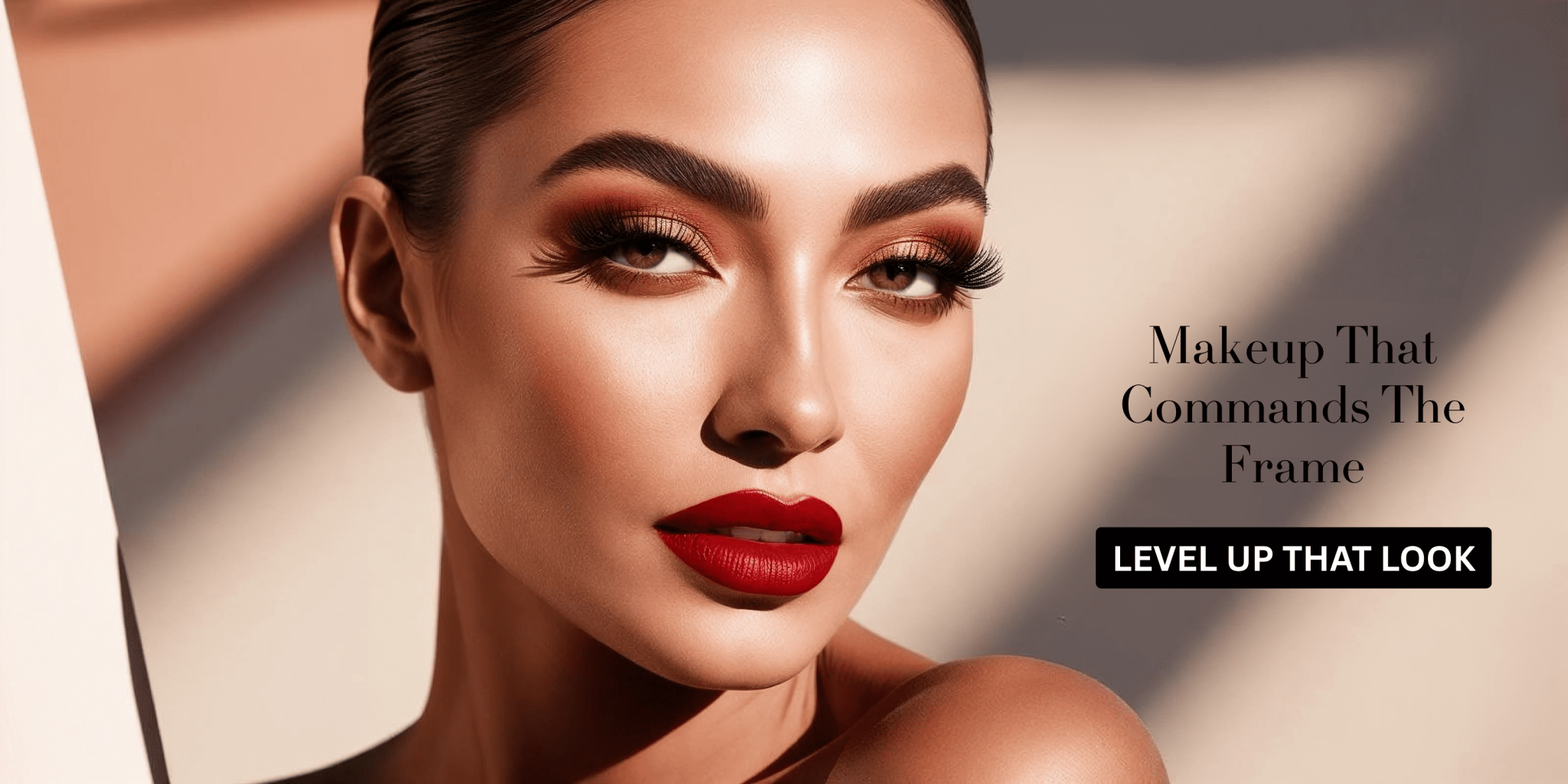 A woman with a bold, glamorous makeup look featuring deep red lipstick and smoky eyes and winged eyeliner