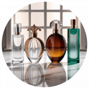 Four elegant glass perfume bottles with silver and gold caps arranged in a row on a reflective white marble-style surface.