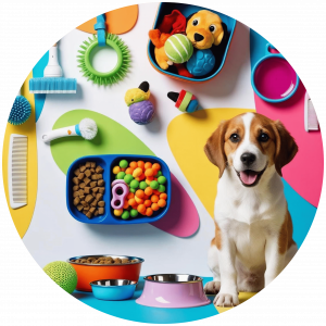 Beagle puppy surrounded by colorful pet toys, food bowls and accessories