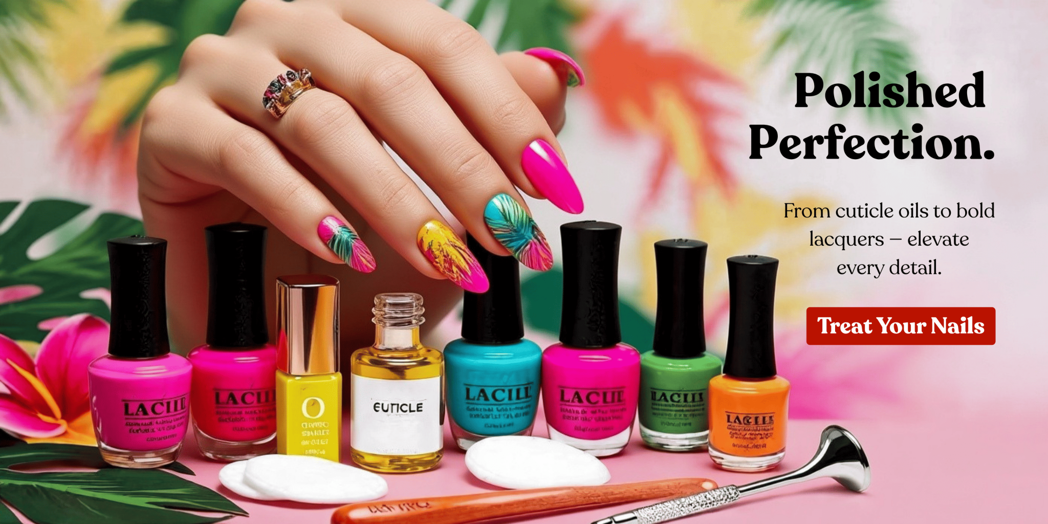 A hand with perfectly polished nails next to a variety of vibrant nail polish bottles and nail care tools.