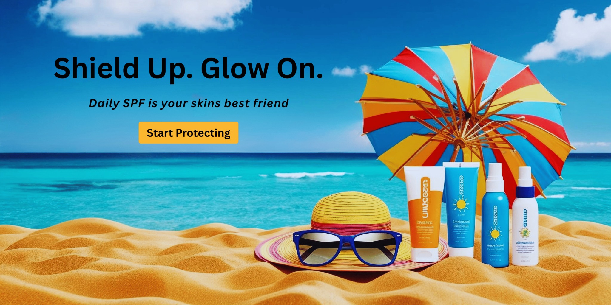 Sunscreen bottles and SPF products displayed on a sunny beach with sunglasses and umbrella