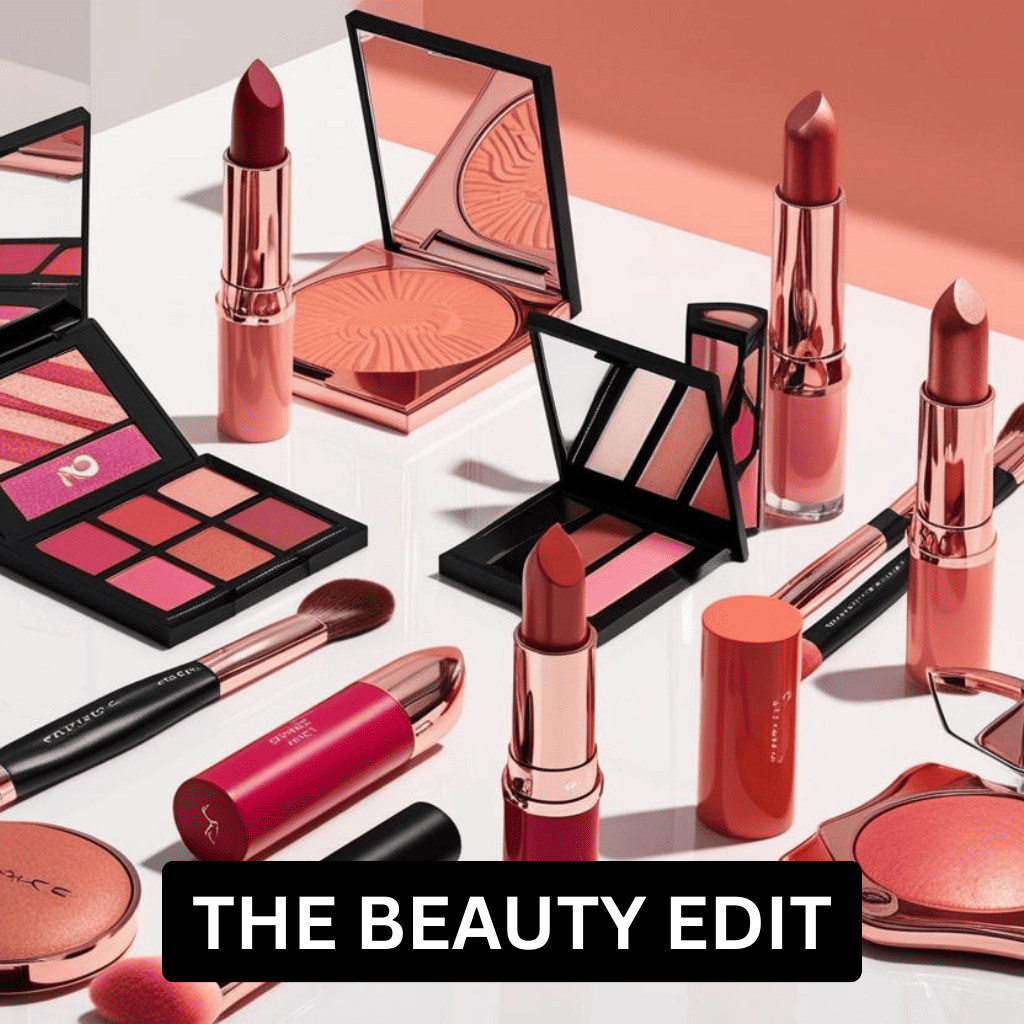 A sophisticated flat-lay of rose-gold makeup brushes, open eyeshadow palettes with neutral tones, and luxury lipsticks on a clean white surface.