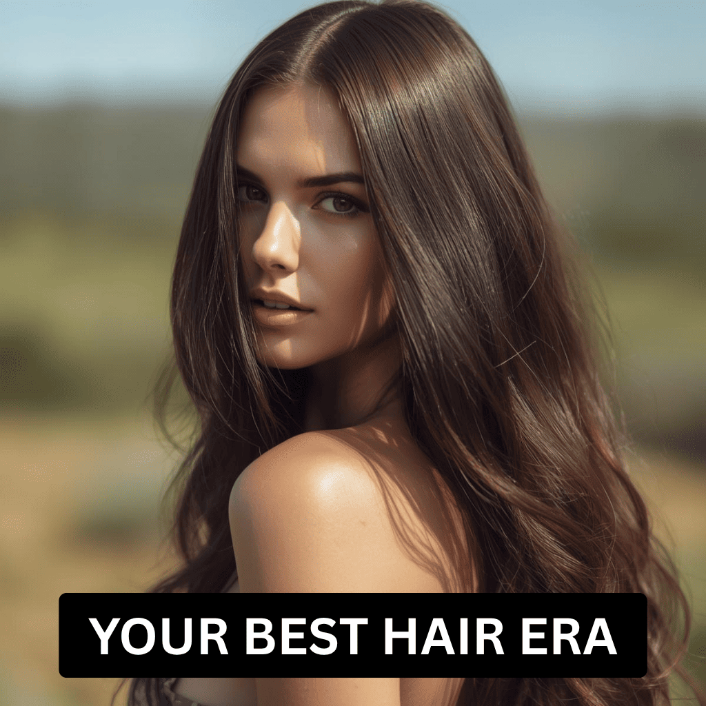 A woman with long, voluminous brunette hair featuring soft waves and a glossy finish, representing premium hair care results — shop hair care products for your best hair era
