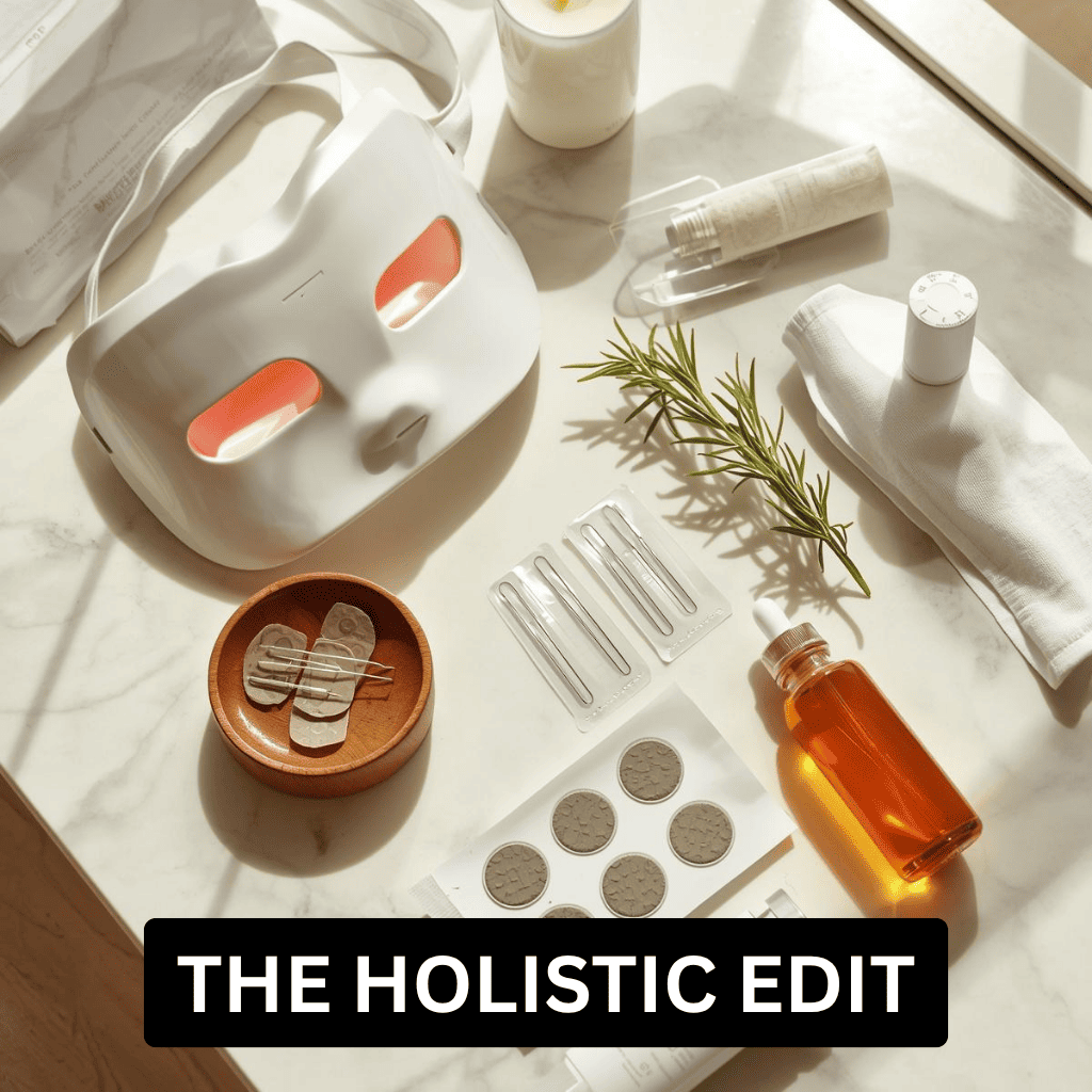 A collection of natural skincare serums, oils, ear seeds, acupuncture needles and a white LED red light therapy face mask for at-home facial rejuvenation and holistic beauty