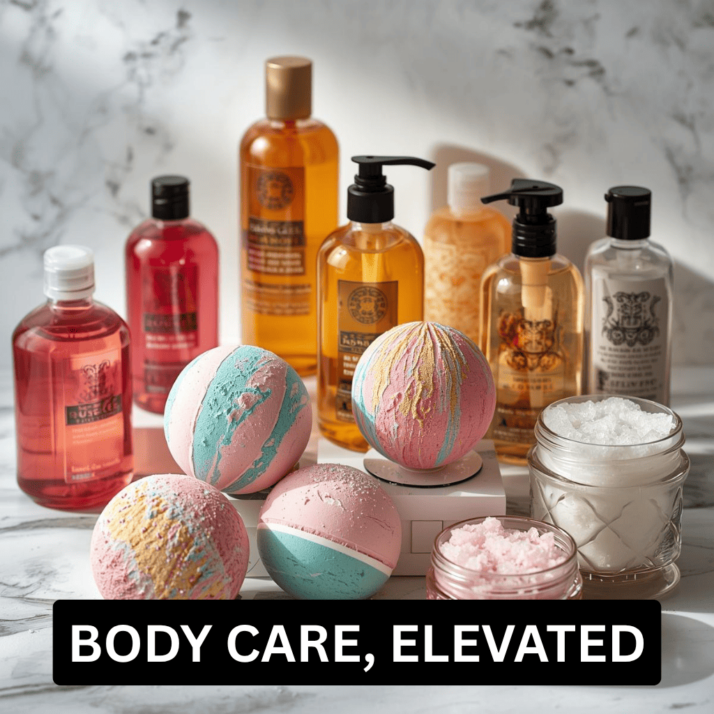 An aesthetic arrangement of colorful fizzy bath bombs, body oils and bath washes for a premium home spa experience