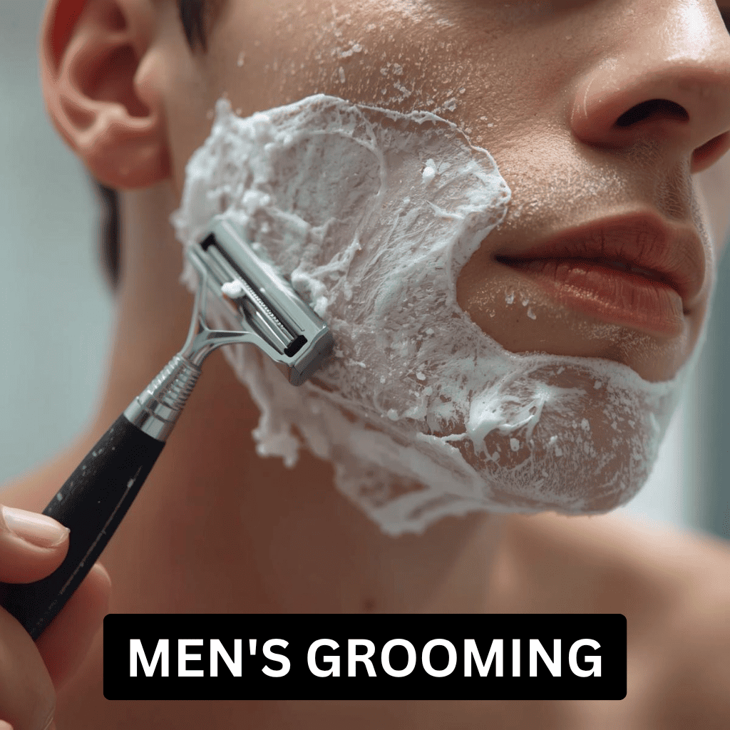 A man applying thick white shaving cream to his face while preparing to shave with a classic safety razor for a clean finish