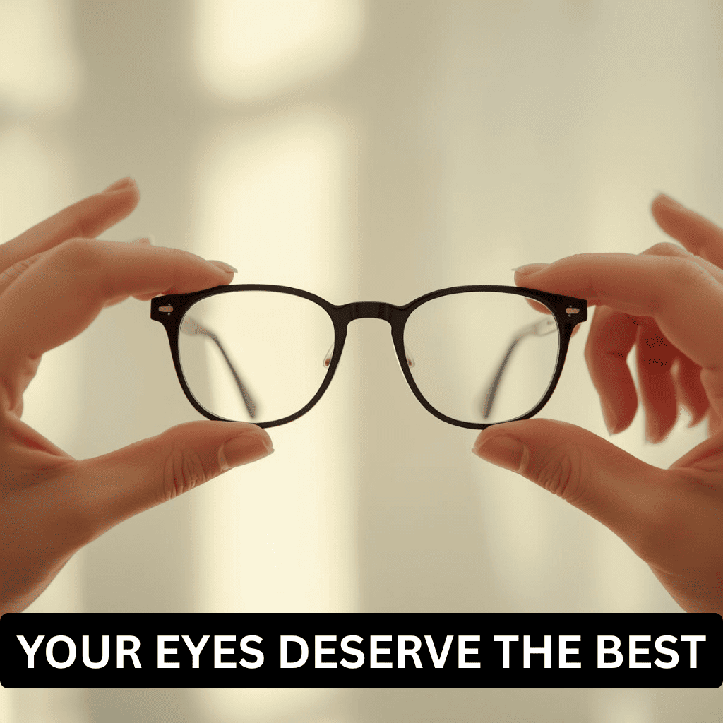 A pair of classic black-rimmed prescription glasses held up by hands, showcasing trendy frames and clear optical lenses — shop premium eyewear and vision care
