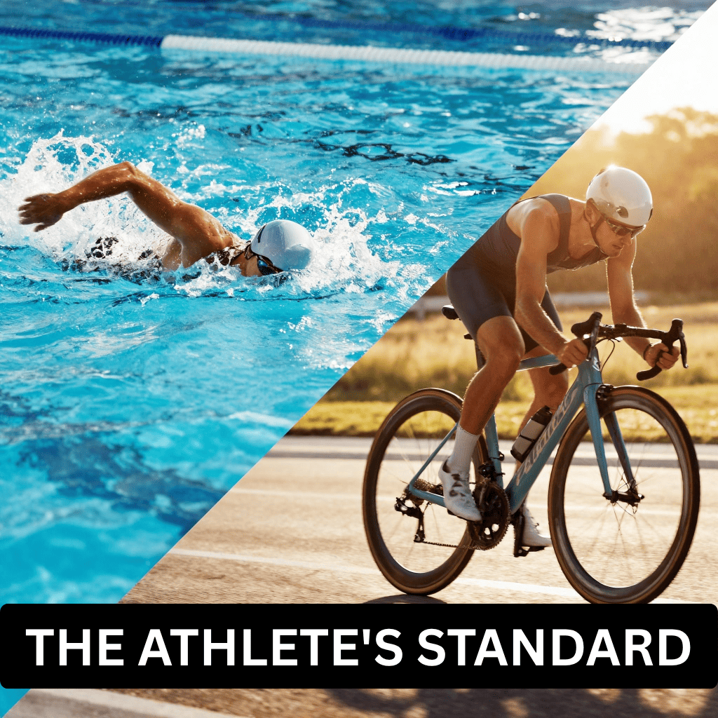 Split image of a swimmer and cyclist in action — shop gear for swimming and cycling